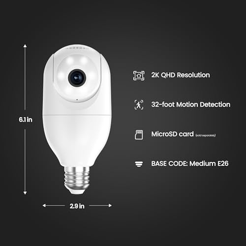 Feit Electric Smart Security Camera Bulb, 2K QHD Resolution, 2-Way Audio, Human Tracking, 350° Pan, Night Vision, Motion Alerts, E26 Base, Alexa/Google Assistant Compatible, CAM/PAN/WIFI/E26/2K - Image 2