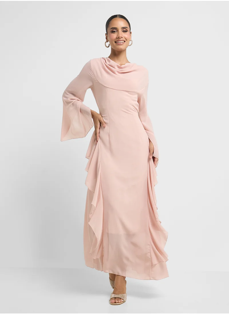 Khizana Ruffled Dress With Cowl Neck