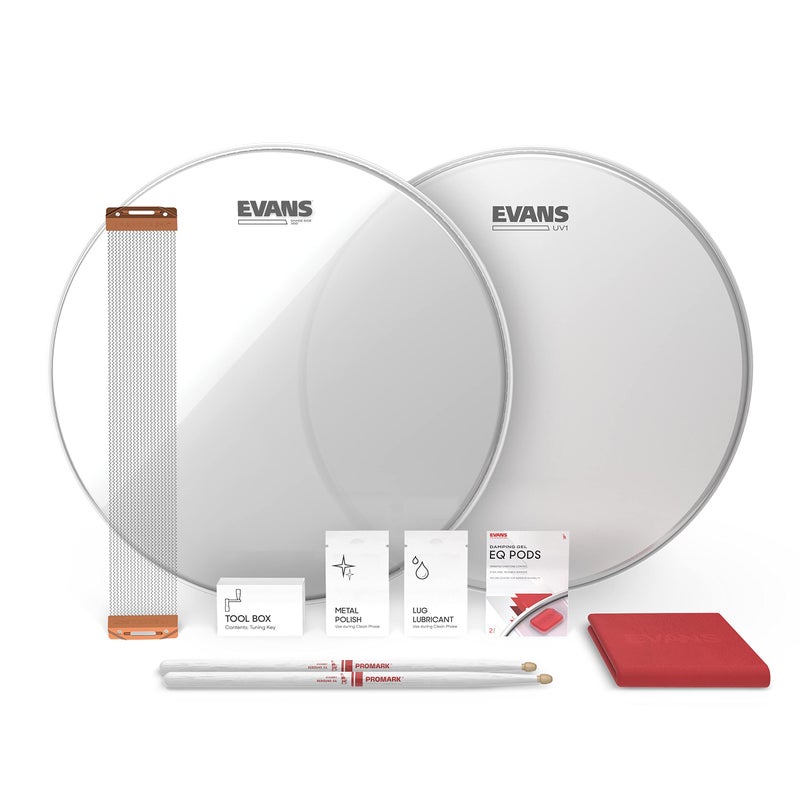 Evans UV1 Snare Drum Tune Up Kit Contains UV Drum Head Resonant Snare Head ProMark 5a Drumsticks Snare Wire Drum Key EQ Pods Dampener Lug Lubricant Metal Polish Polishing Cloth 14 inch