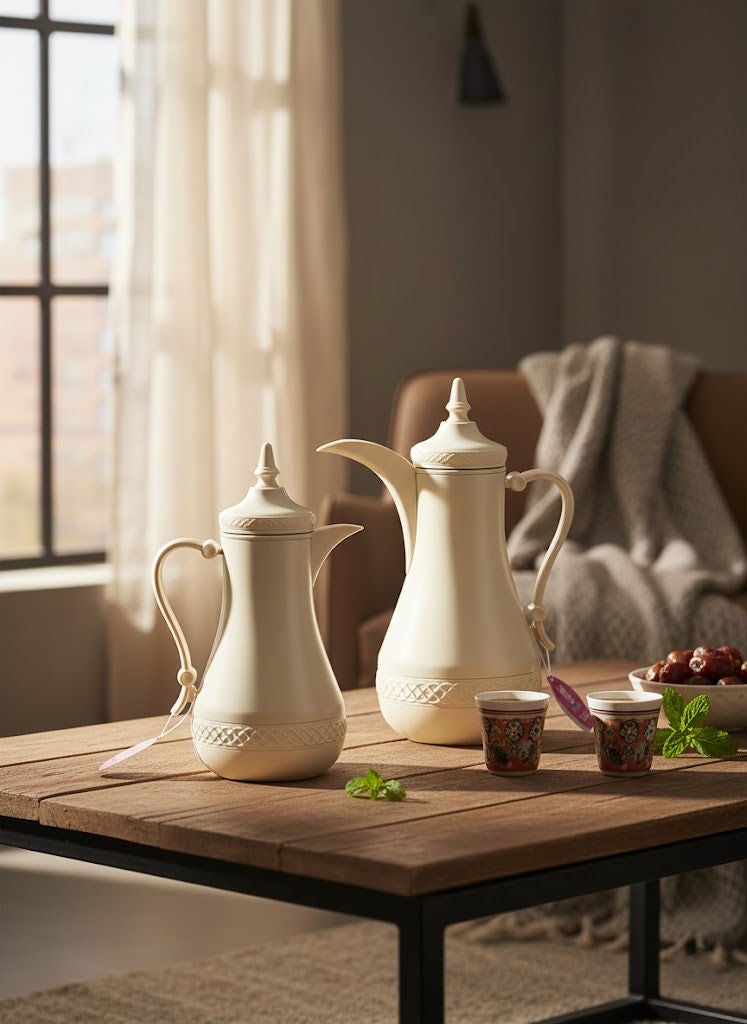 REEM 2-Piece Stainless Steel Tea/Coffee Dallah & Flask Set 1.0+1.0 Liters Beige - Image 1