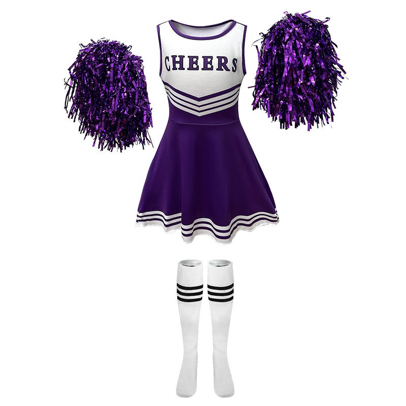 Foreign trade European and American childrens cheerleading uniform five-color CHEERS sleeveless football baby cheerleading pantyhose suit in stock Purple (skirt + socks + cheerleading)