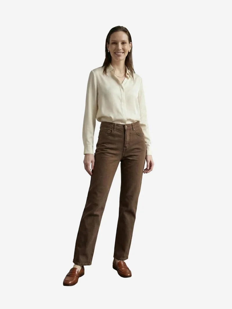 My Fashion Coffee Brown MY FASHION High Waist Denim Straight Leg Pants with Pockets for Women | Best Price UAE