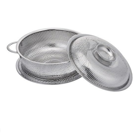 Pushkh Stainless Steel Fruit Vegetable Basket with Lid Colander Professional Strainer with Heavy Duty Handles and Self Pasta Spaghetti Berry Veggies Fruits Noodles Salads Dishwasher Safe - Image 1