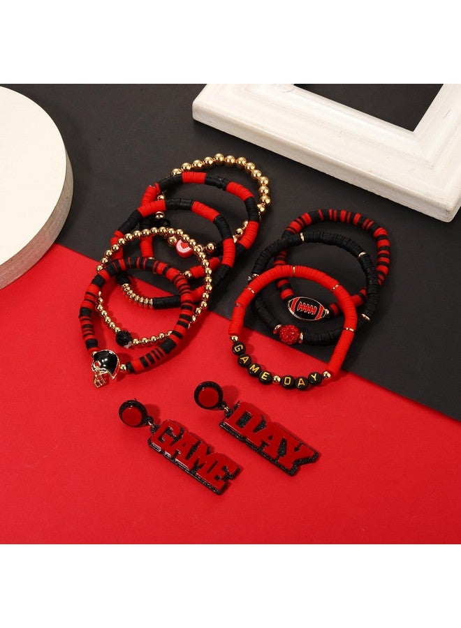 فالين أقراط سوار يوم اللعبة للنساء أساور كرة القدم سوار مطاطي من الخرز الأحمر والأسود باللون الأحمر والأزرق والأصفر والأرجواني إكسسوارات يوم الملعب مجوهرات أمهات يوم كرة القدم إكسسوارات ملابس هدايا (اللون أ) - Image 4