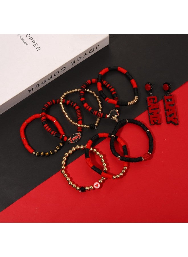 فالين أقراط سوار يوم اللعبة للنساء أساور كرة القدم سوار مطاطي من الخرز الأحمر والأسود باللون الأحمر والأزرق والأصفر والأرجواني إكسسوارات يوم الملعب مجوهرات أمهات يوم كرة القدم إكسسوارات ملابس هدايا (اللون أ) - Image 2