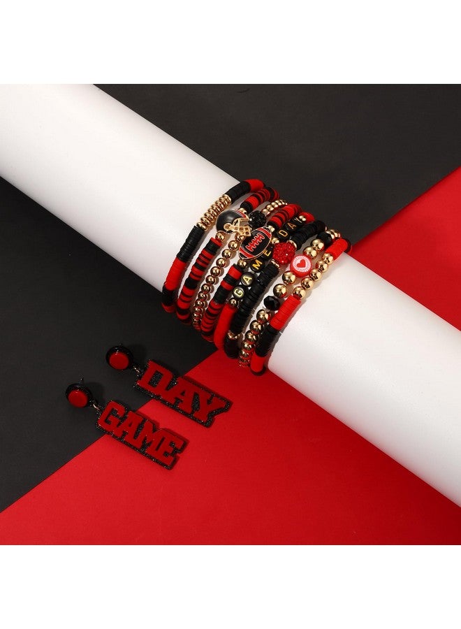 فالين أقراط سوار يوم اللعبة للنساء أساور كرة القدم سوار مطاطي من الخرز الأحمر والأسود باللون الأحمر والأزرق والأصفر والأرجواني إكسسوارات يوم الملعب مجوهرات أمهات يوم كرة القدم إكسسوارات ملابس هدايا (اللون أ) - Image 3