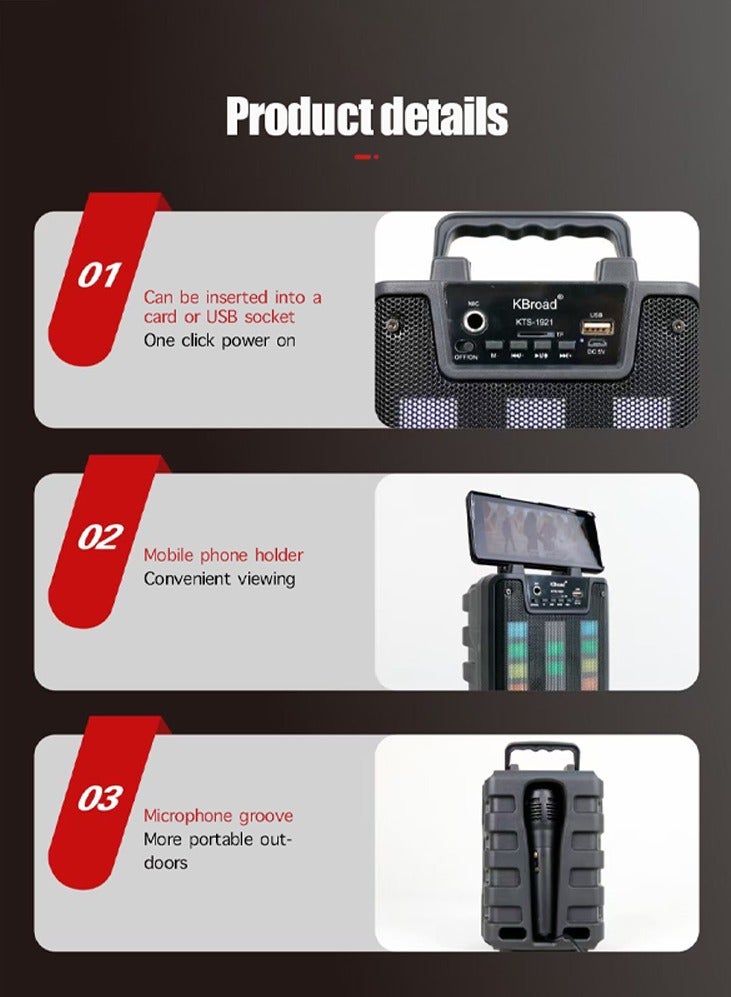 مكبر صوت بلوتوث  مع ميكروفون USB SDcard وحامل هاتف، صوت ممتاز، اتصال بلوتوث محمول، صوت عالٍ وواضح، عمر بطارية طويل، أفضل للسفر والمناسبات - Image 4
