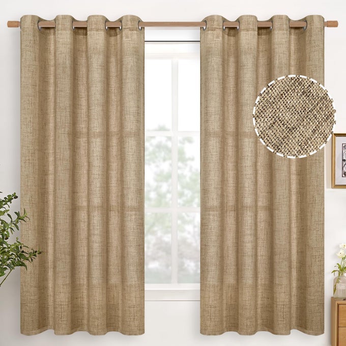 BURLAP LINEN CURTAINS 63 INCH LENGTH 2 PANELS FOR BEDROOM TOFFEE TAN SEMI SHEER DRAPES TEXTURED WITH BRONZE GROMMET LIGHT FILTERING FOR LIVING ROOM FARMHOUSE 52 X 63 INCH