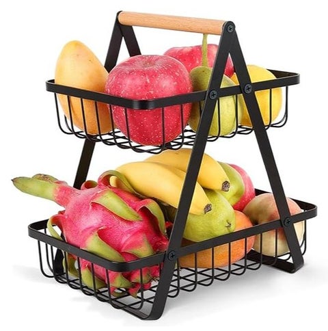 "Multi-layer fruit basket with wooden handle - Modern design for serving and preserving fruit - Large capacity for travel and picnics - Easy to clean and store"