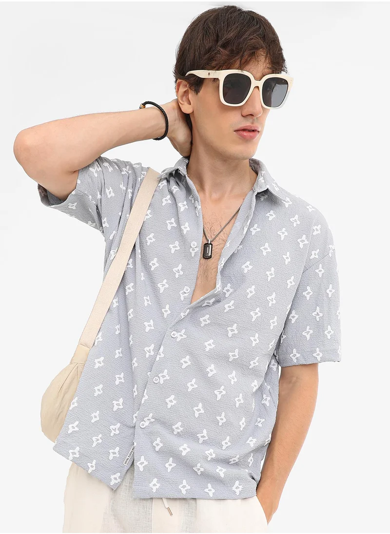 كامبوس سوترا Men's Baby Blue Floral-Tactile Oversized Shirt