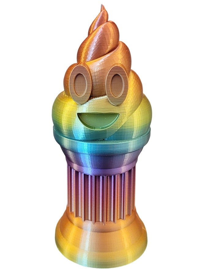 Znet3D Poop Emoji Trophy - Perfect Award or Gift - Handmade w/Additive Manufacturing - 6" inches Tall - Featuring a Solid Silk Rainbow Poop Emoji on a Column Pillar - Image 1