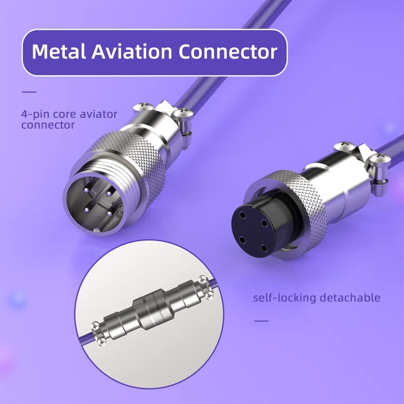 MAMBASNAKE C01 Coiled Keyboard Cable, Pro Custom USB-C Aviator Cable, Type-C to USB-A HyperSpeed Line with 8KHz Return Rate with Metal Aviation Connector for PC Gaming Keyboard-Purple - Image 4