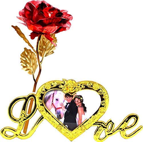 Lavanaya Silver Artificial Rose Flower And Love Photo Frame Stand with Plastic Pot (Red, 1 Piece) - Image 1
