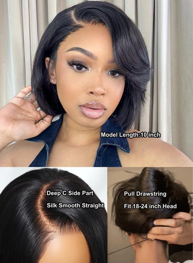 UNICE 8 inch Short Layered Bob Drawstring Wig Human Hair with Side Swept Bangs Bye Bye Knots 7x5 Lace closure Glueless Wigs Human Hair Pre Plucked Pre Cut Read to Wear - Image 5