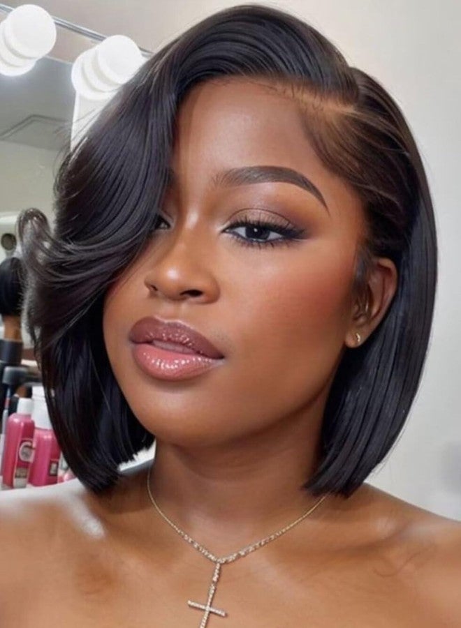 UNICE 8 inch Short Layered Bob Drawstring Wig Human Hair with Side Swept Bangs Bye Bye Knots 7x5 Lace closure Glueless Wigs Human Hair Pre Plucked Pre Cut Read to Wear - Image 1