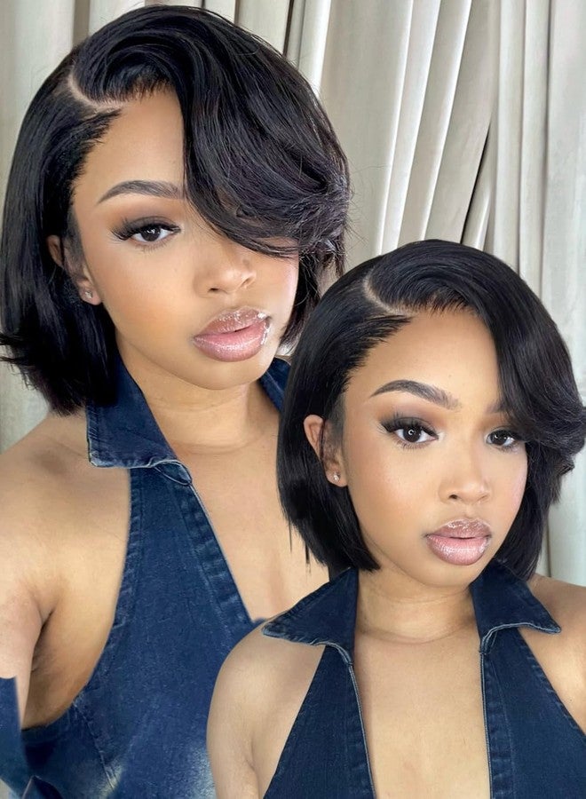 UNICE 8 inch Short Layered Bob Drawstring Wig Human Hair with Side Swept Bangs Bye Bye Knots 7x5 Lace closure Glueless Wigs Human Hair Pre Plucked Pre Cut Read to Wear - Image 2