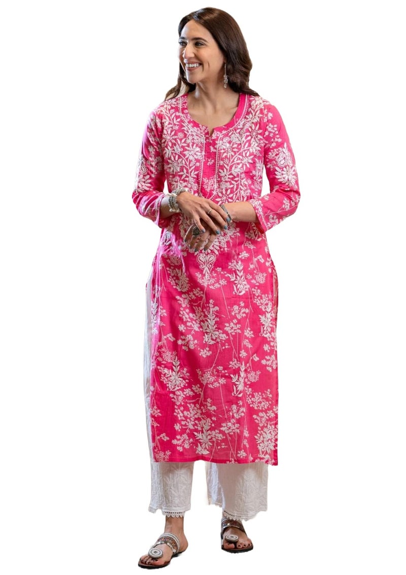 ANNI DESIGNER Women Cotton Blend Straight Fit Chikankari Embroidered Straight Kurta (Zainab Pink_S_Pink_Small) - Image 1