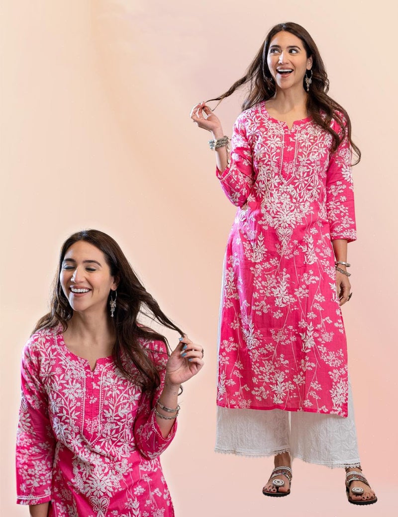 ANNI DESIGNER Women Cotton Blend Straight Fit Chikankari Embroidered Straight Kurta (Zainab Pink_S_Pink_Small) - Image 3