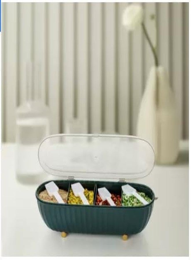 VishBinMultipurpose Plastic 4 in 1 Masala Box for Kitchen, Transparent Pickel Box, 4 Compartment Storage Container Airtight for Cereal, Dry Fruits 4 Compartment with 4 Spoon - (Multicolor) - Image 1