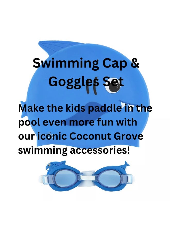 Trishi Coconut Grove Kids Swimming Cap & Goggles Set – Silicone Swim Cap with Anti-Fog UV Protection Goggles, Adjustable Strap, Leak-Proof Swim Glasses for Boys & Girls Pool & Beach Finn the Shark - Image 2