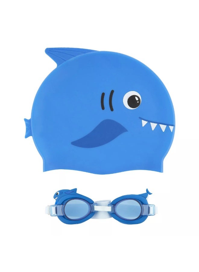 Trishi Coconut Grove Kids Swimming Cap & Goggles Set – Silicone Swim Cap with Anti-Fog UV Protection Goggles, Adjustable Strap, Leak-Proof Swim Glasses for Boys & Girls Pool & Beach Finn the Shark - Image 1