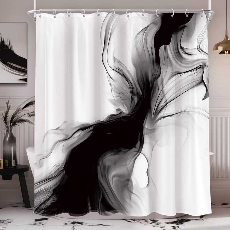 Cinbloo Black and White Shower Curtain 60Wx72H Abstract Bathroom Decor for Men Modern Ombre Grey Minimalist Marble Shower Curtain Set Elegant Ink Texture Neutral Shower Curtain Fabric with 12 Hooks - Image 1