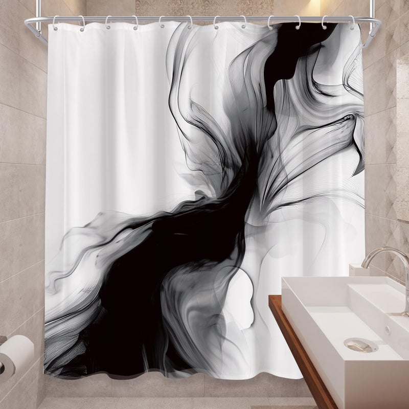 Cinbloo Black and White Shower Curtain 60Wx72H Abstract Bathroom Decor for Men Modern Ombre Grey Minimalist Marble Shower Curtain Set Elegant Ink Texture Neutral Shower Curtain Fabric with 12 Hooks - Image 4