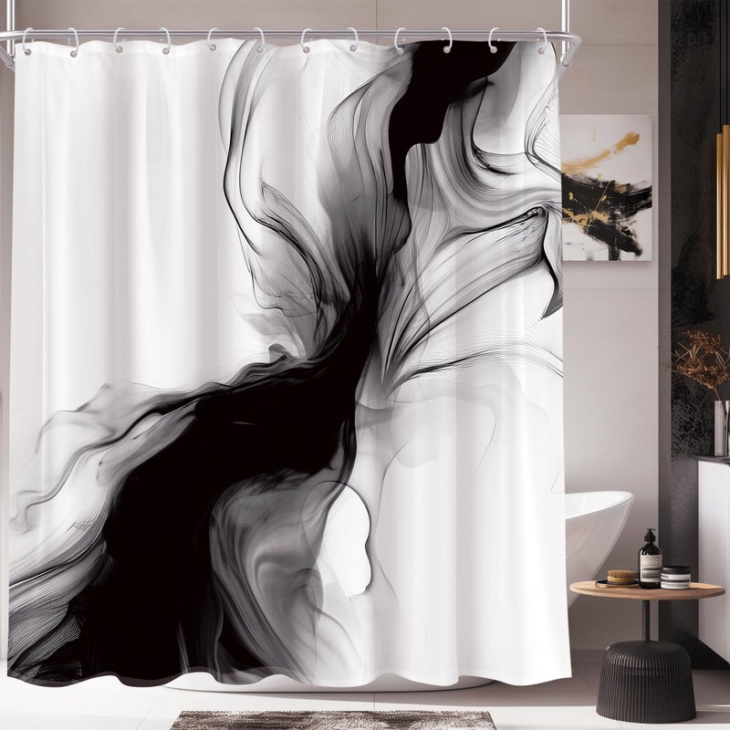 Cinbloo Black and White Shower Curtain 60Wx72H Abstract Bathroom Decor for Men Modern Ombre Grey Minimalist Marble Shower Curtain Set Elegant Ink Texture Neutral Shower Curtain Fabric with 12 Hooks - Image 2