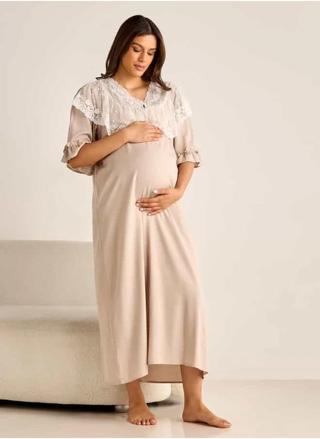 فاف Lace Detail Maternity Night Gown with 3/4 Sleeves