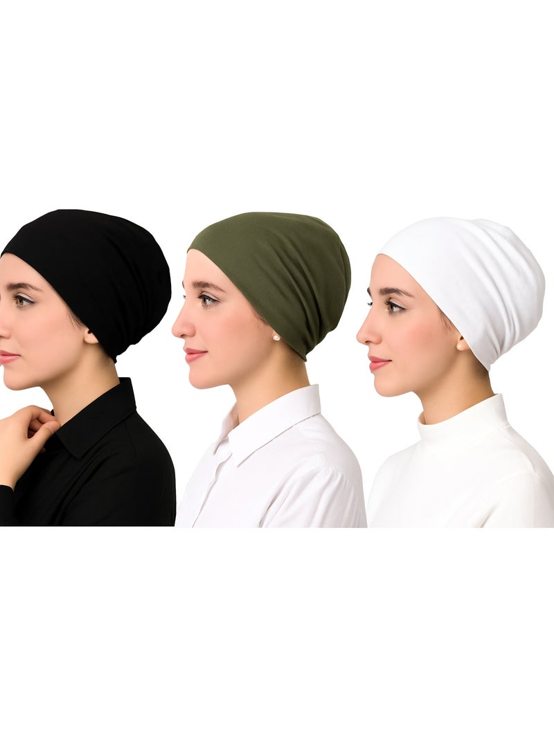 عبوة من 3 قبعات قطنية ناعمة تحت الطرحة - أسود، أبيض، وأخضر جيشي - Image 1