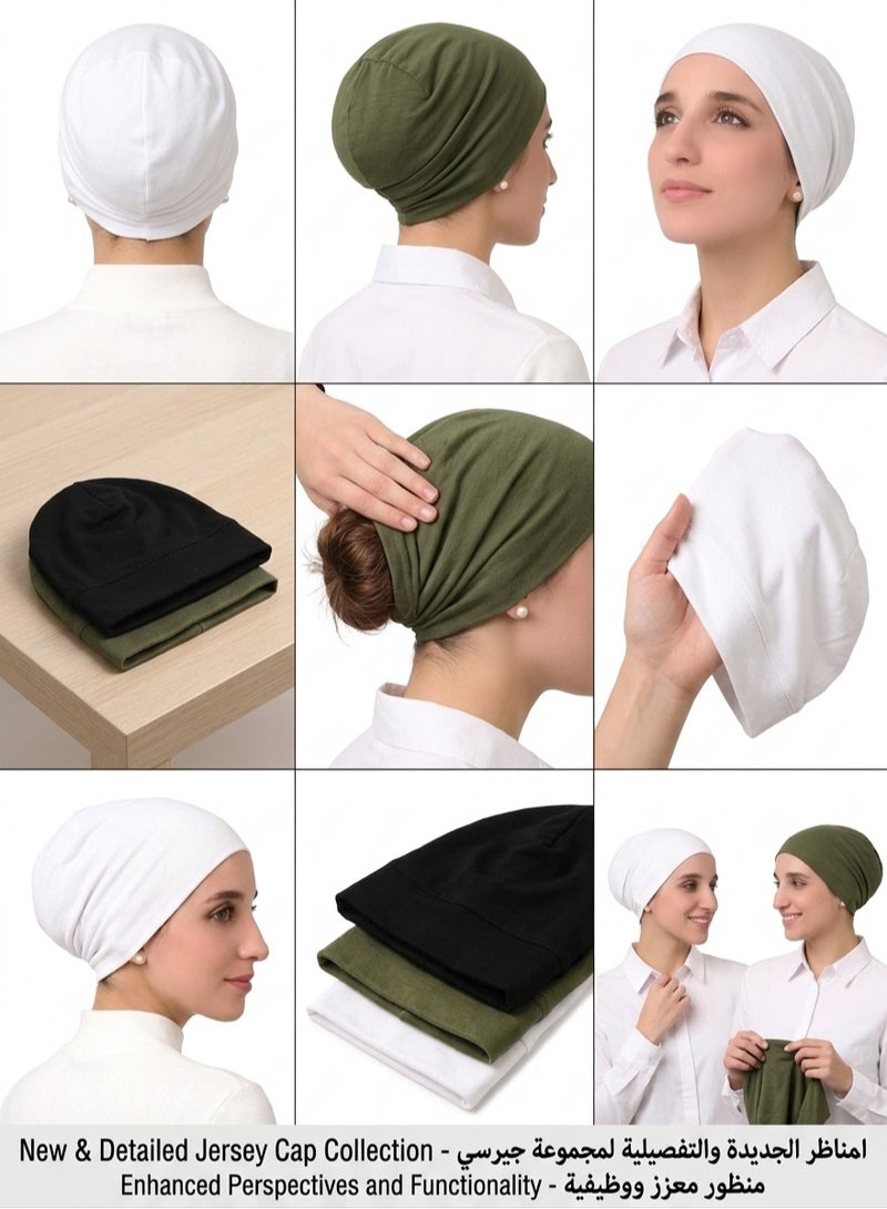عبوة من 3 قبعات قطنية ناعمة تحت الطرحة - أسود، أبيض، وأخضر جيشي - Image 2