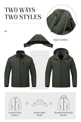 Pursky Men Water Resistant Jacket Chamarras De Hombre Para El Frio Fleece Lightweight Mens Coats With Hood Softshell Lined Jackets Waterproof Windproof Outerwear Army Green XL - Image 3