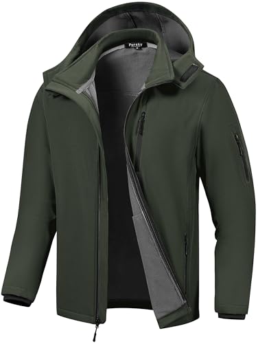 Pursky Men Water Resistant Jacket Chamarras De Hombre Para El Frio Fleece Lightweight Mens Coats With Hood Softshell Lined Jackets Waterproof Windproof Outerwear Army Green XL - Image 1
