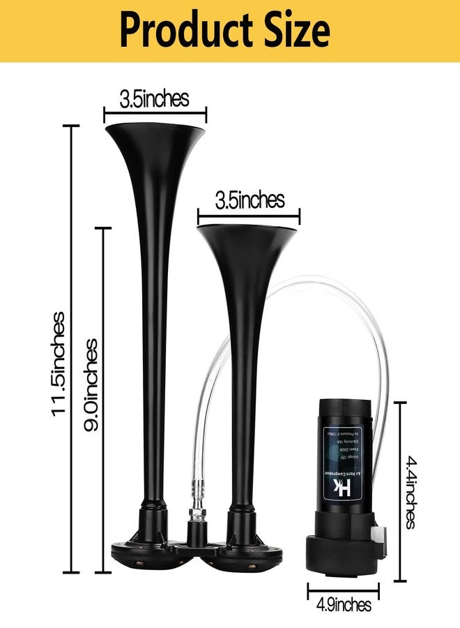 هونج كونج بوق هواء للسيارة HK 12V 150db، طقم بوق هواء مزدوج عالي الصوت مع ضاغط هواء لأي مركبة 12 فولت، شاحنات، قطارات، قوارب، سيارات، شاحنات صغيرة (أسود) - Image 2