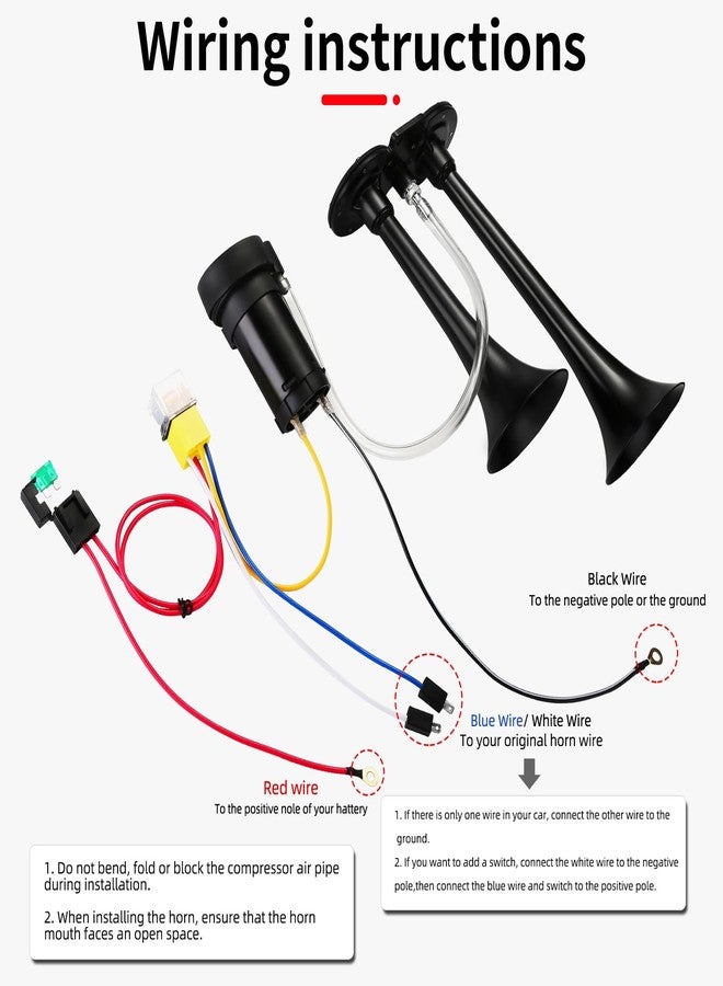 هونج كونج بوق هواء للسيارة HK 12V 150db، طقم بوق هواء مزدوج عالي الصوت مع ضاغط هواء لأي مركبة 12 فولت، شاحنات، قطارات، قوارب، سيارات، شاحنات صغيرة (أسود) - Image 5