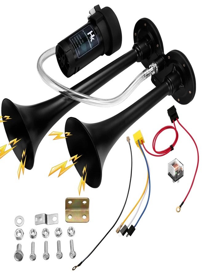 هونج كونج بوق هواء للسيارة HK 12V 150db، طقم بوق هواء مزدوج عالي الصوت مع ضاغط هواء لأي مركبة 12 فولت، شاحنات، قطارات، قوارب، سيارات، شاحنات صغيرة (أسود) - Image 1