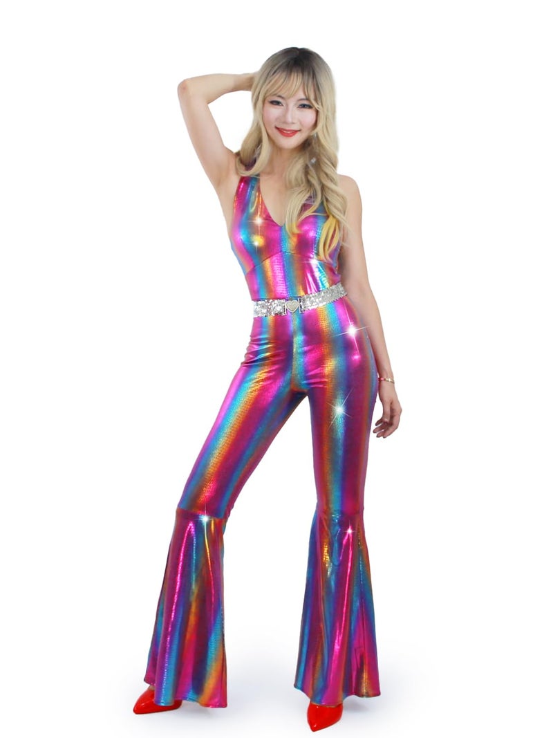 Nawgut Disco Outfit 70s 80s Prom Sparkle Flare Jumpsuit Party Costume Halloween Cosplay For Adult Women-Small - Image 1