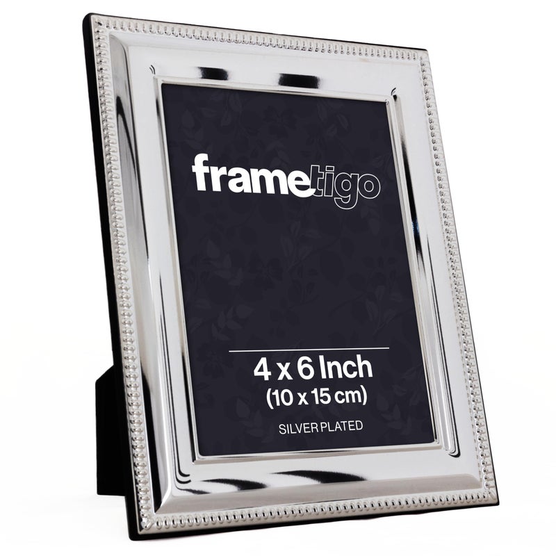 Frametigo  Silver Plated Bead Photo Frame 4x6 10x15cm Photo Size  Velvet Frame Backing  Stand  Real Glass Window  Tarnish Resistant  Landscape or Portrait Orientation