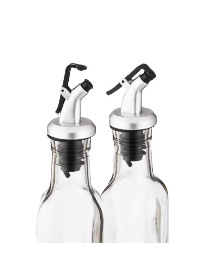 Shengya Set of glass oil and vinegar dispenser bottles with anti-drip squeeze cap - 2 pieces - height 20 cm - clear/silver - Image 3