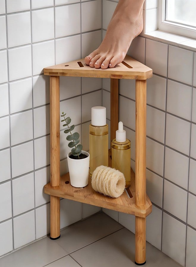 Yoshiky Shower Foot Rest 15in, Shower Stool for Shaving Legs, Waterproof Wood Corner Shower Stool with Storage Shelf for Inside Small Shower Spaces, Bamboo - Image 1