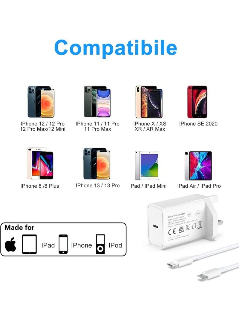 20W PD Fast IPhone Charger [MFi Certified] USB C Power Wall Charger with 3FT CableCompatible with Cable IPhone 13/12 Pro/12 Mini/ 11/11 Pro/XS/Max/XR/X/8 Plus/SE IPod, IPad Mini Pro