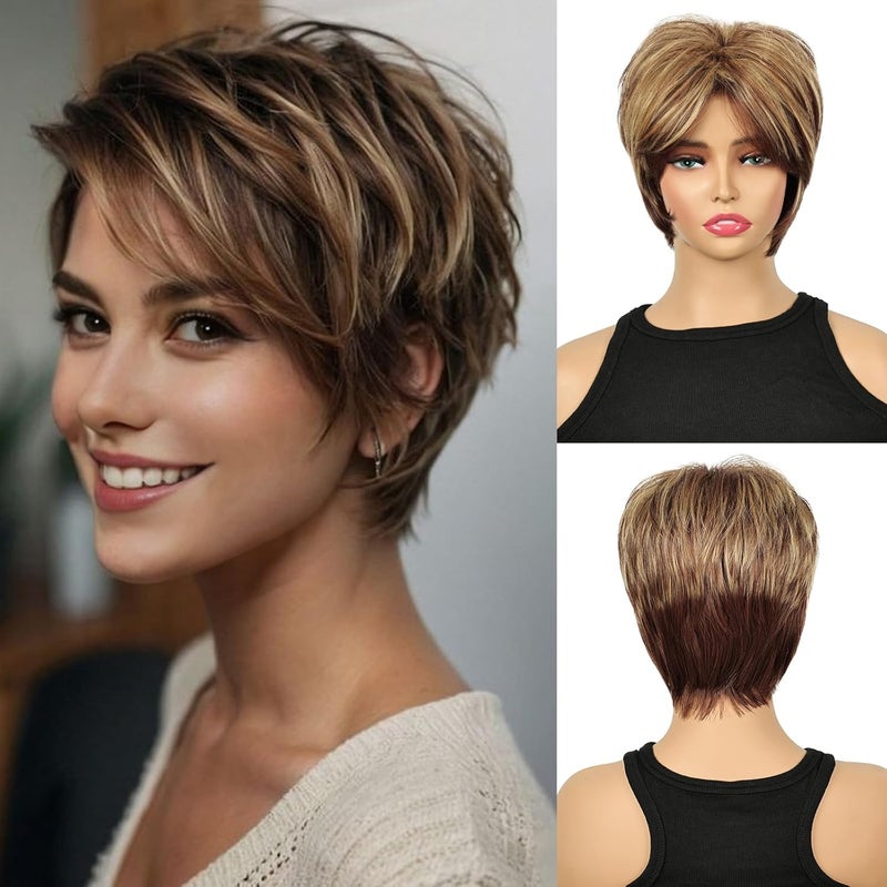 MIMAN Short Brown Pixie Cut Wig Short Hair Wigs with Bangs Mixed Blonde Highlight Layered Fluffy Synthetic Hair Replacement Wig for Women Halloween Costumes Wigs