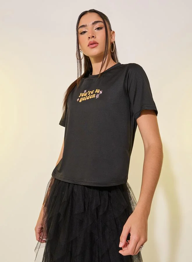 Take Two Black Slogan Print Round Neck Regular Fit T-Shirt