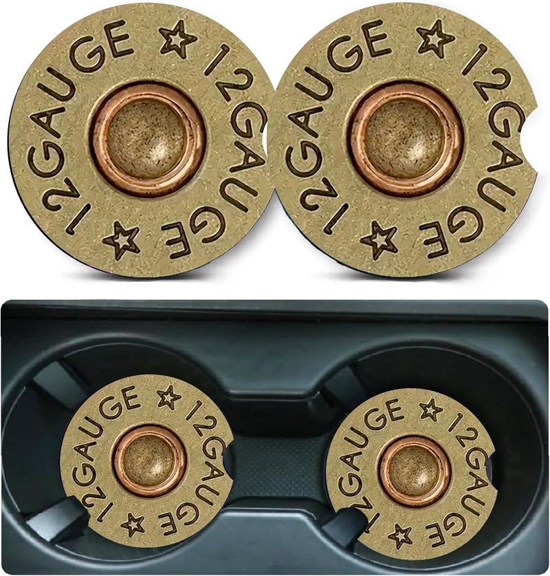 Ldntly Car Coasters for Cup Holders,2 Pack Cool 12 Gauge Bullet Shaped Brass Rubber Car Cup Holder Coasters,2.75" Universal Size Anti Slip Rubber Mat,Automotive Cup Holder Decal Decor for Men,Dad - Image 1