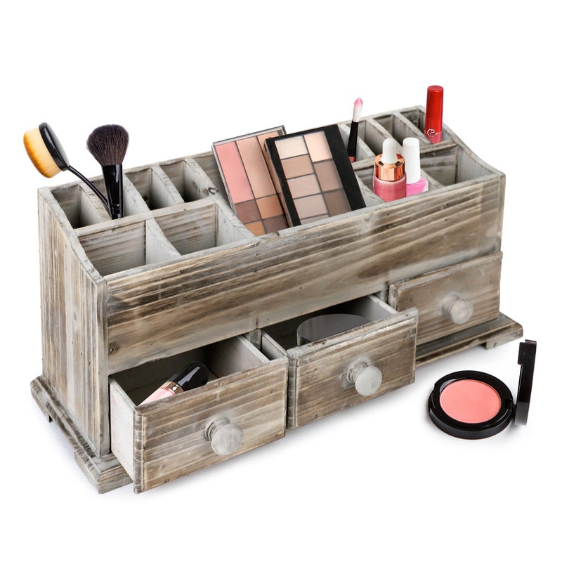 Besti Rustic Vanity Organizer for Cosmetics, Makeup, and Bathroom Accessories, Wooden Farmhouse Storage Box with 3 Drawers, Vintage Countertop, Dresser, or Desk Organization - Image 1
