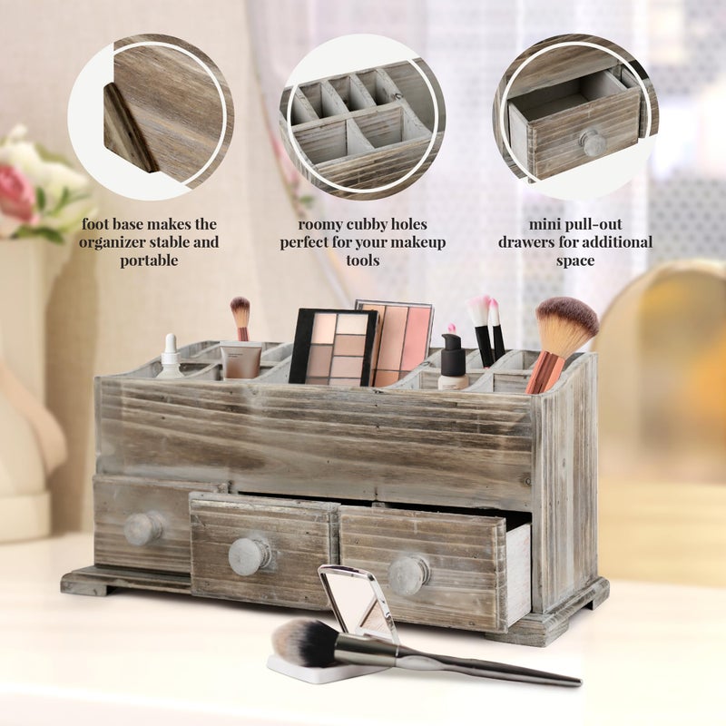 Besti Rustic Vanity Organizer for Cosmetics, Makeup, and Bathroom Accessories, Wooden Farmhouse Storage Box with 3 Drawers, Vintage Countertop, Dresser, or Desk Organization - Image 3