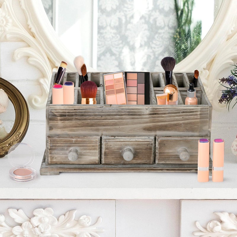 Besti Rustic Vanity Organizer for Cosmetics, Makeup, and Bathroom Accessories, Wooden Farmhouse Storage Box with 3 Drawers, Vintage Countertop, Dresser, or Desk Organization - Image 5