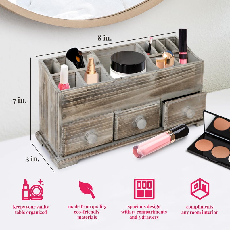 Besti Rustic Vanity Organizer for Cosmetics, Makeup, and Bathroom Accessories, Wooden Farmhouse Storage Box with 3 Drawers, Vintage Countertop, Dresser, or Desk Organization - Image 2