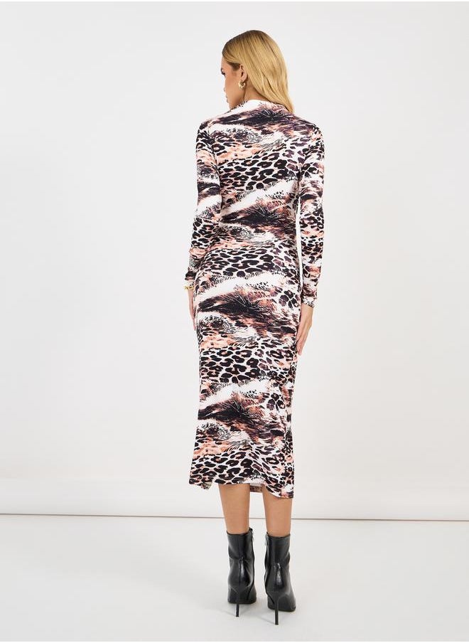 Styli - Animal Print Cut-Out Detail Bodycon Midi Dress - Image 1