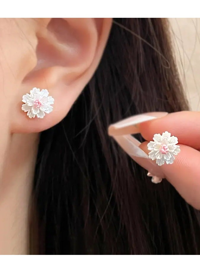 Home Clearance Sale Chic White Floral Stud Earrings for Women - Vintage & Minimalist Design with 925 Silvery Posts, Perfect for Casual Attire or Parties - Image 1